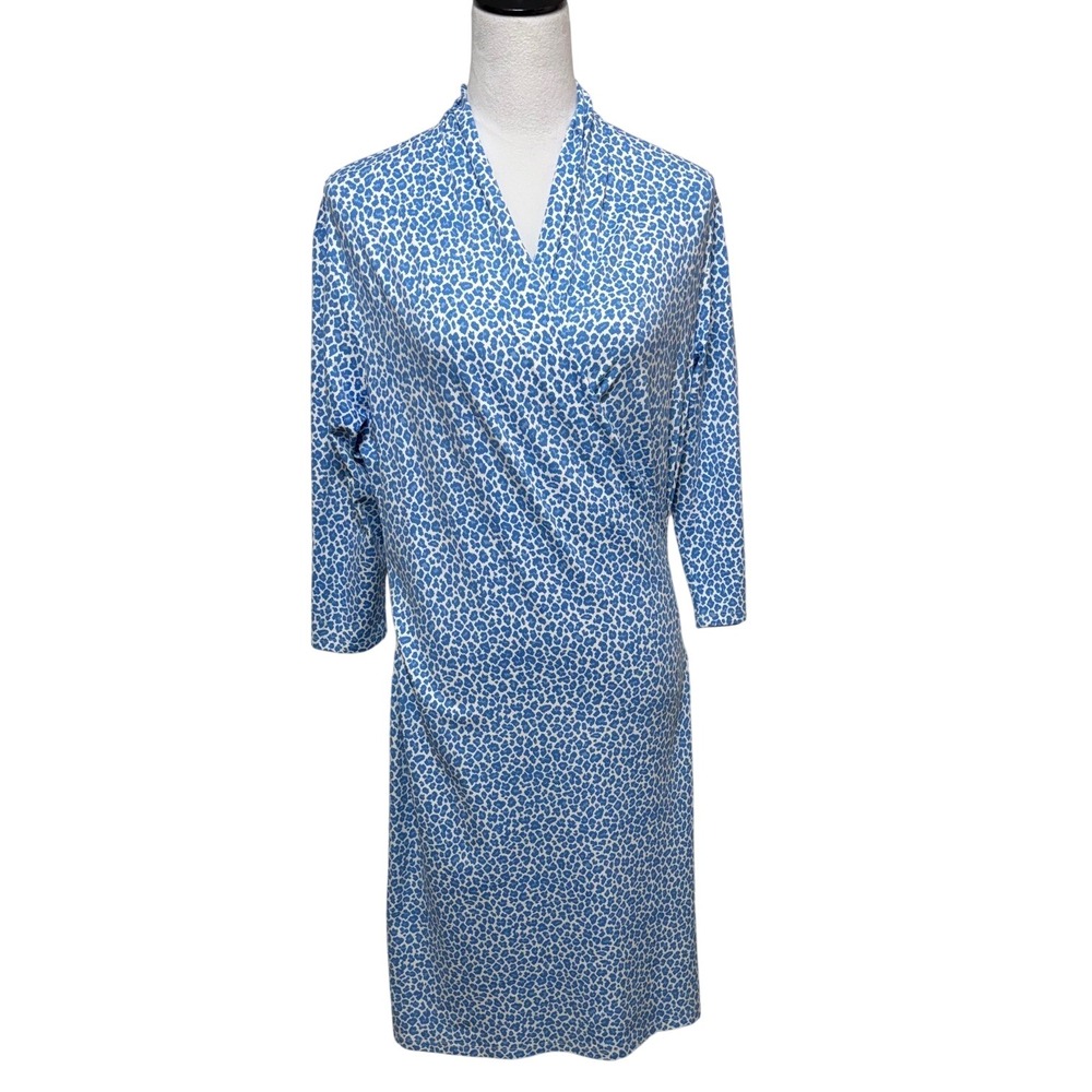 J. McLaughlin Dress Large Blue Midi Faux Wrap Leopard Print 3/4 Sleeve Stretch